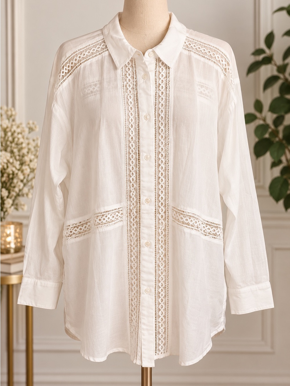 LOFT White Lace-Trim Button-Down Blouse